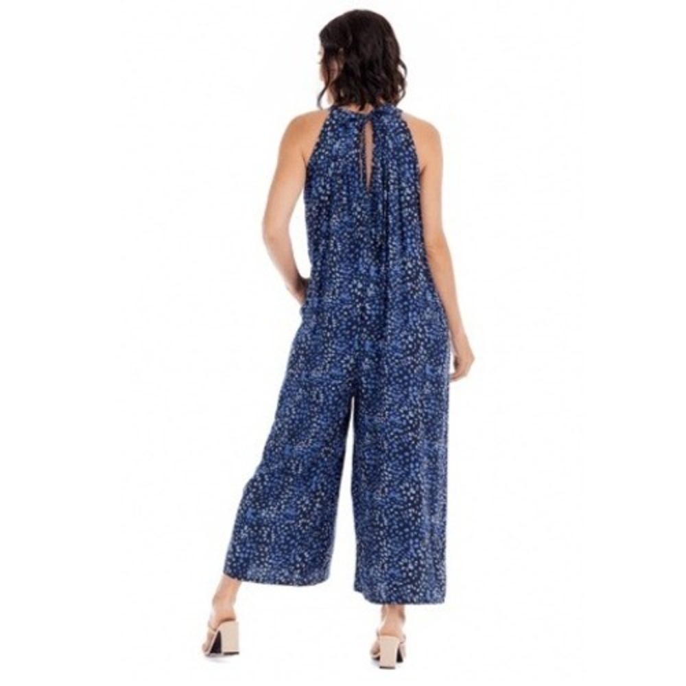 Mud Pie Abstract Pebble Halter‎ Jumpsuit Womens S/M Blue Purple Wide Leg Pockets - Picture 2 of 10